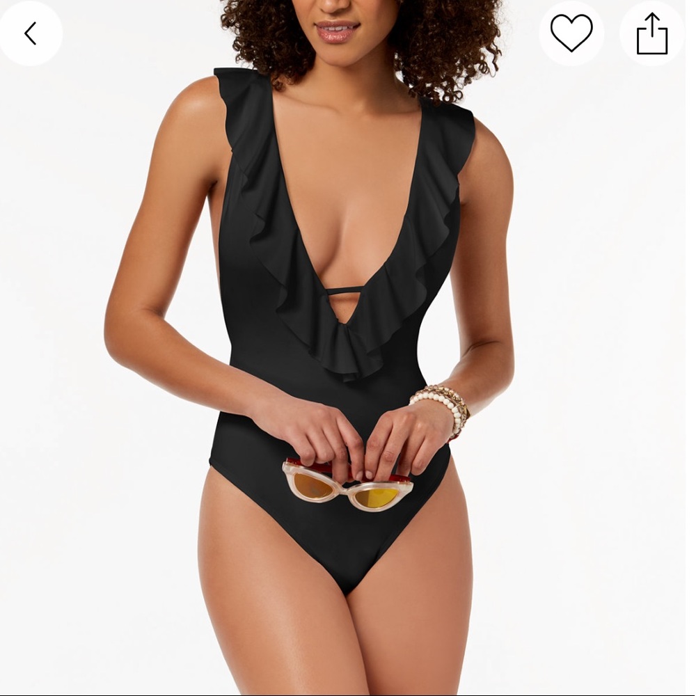 Bar III Ruffled Cross-Back Cheeky Black One Piece Swimsuit, Size S